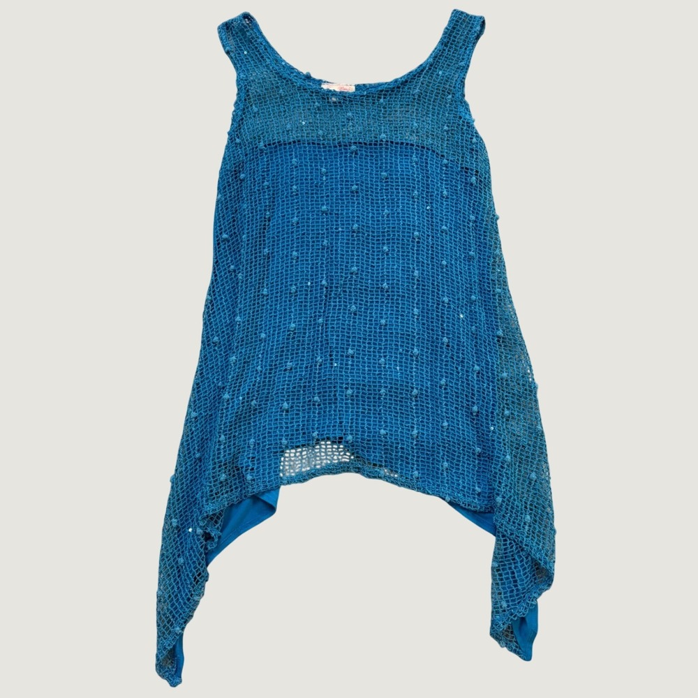 Pretty Woman Crochet Tank Top L Sharkbite Hem Mesh Sequin Tunic Blue Y2K 90s